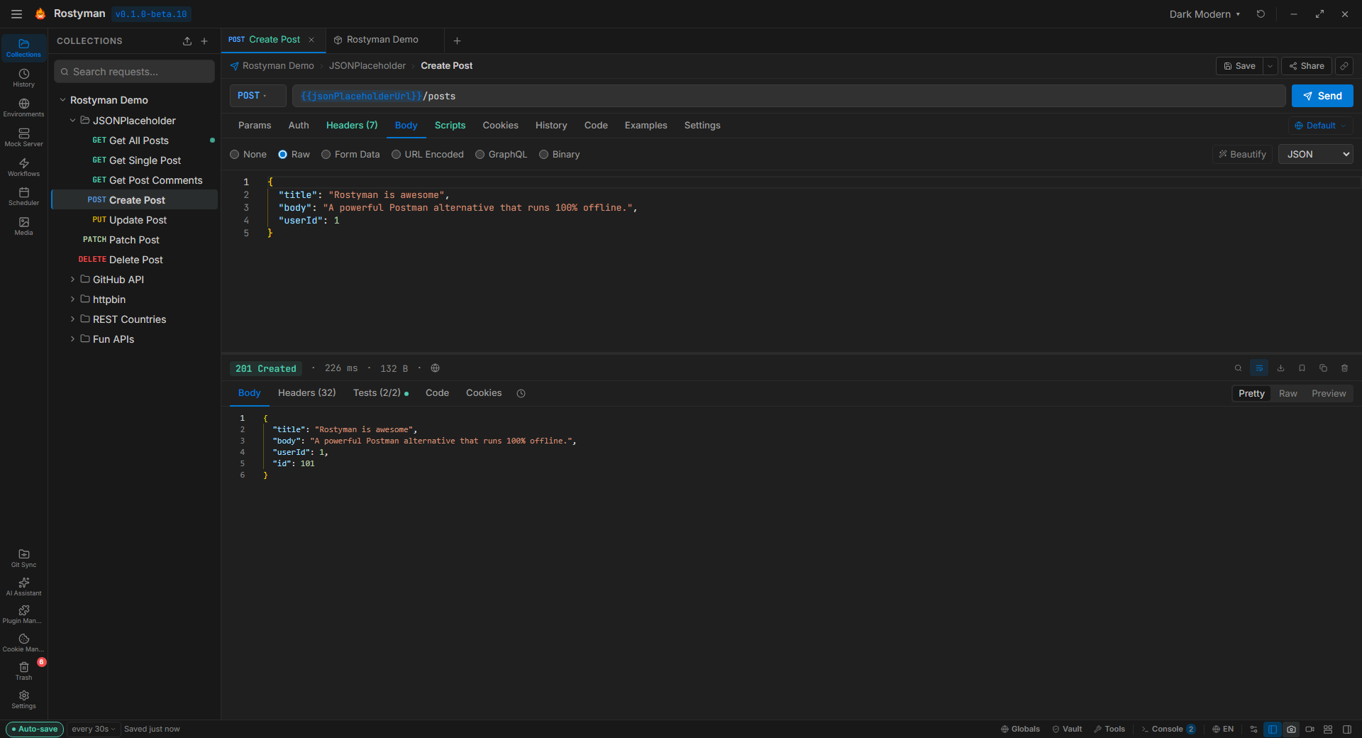 Rostyman — POST request with 201 response